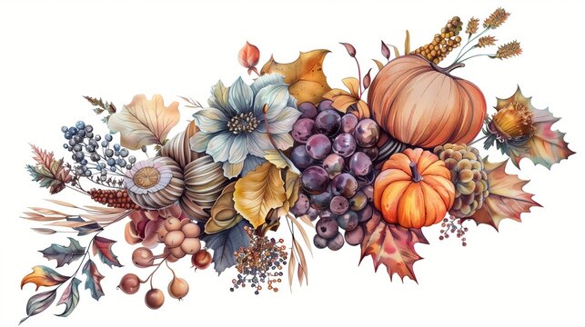 watercolor autumn harvest arrangement, pumpkins, grapes, flowers clip art preview