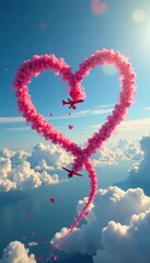 Naklejka premium Heart shaped icon in sky drawn by airplane, romantic gesture, love symbol, aerial advertising, advertising, aerial, romance
