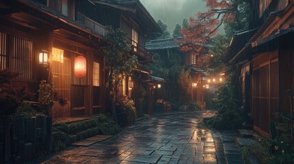A stone-paved street in Kyoto's historic Sannenzaka district under warm evening lights