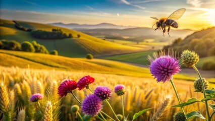 Obraz premium Golden Hour Bumblebee Soaring Over Vibrant Wildflowers in a Rolling Meadow Landscape