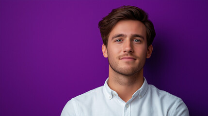 Fototapeta premium Confident young man in white shirt against bold purple background perfect for professional profile images, modern marketing campaigns, and personal branding visuals