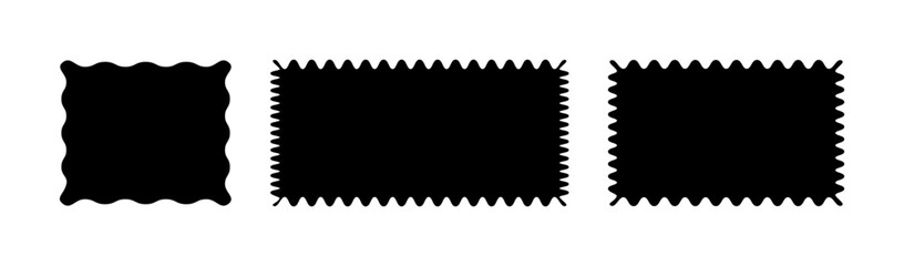 Black rectangular patterns with squiggly borders. Wave curve edge frame mockups. Minimalist tag, empty text box, label, stamp, cracker, coupon with curvy, squiggly, wiggly, wavy edges.