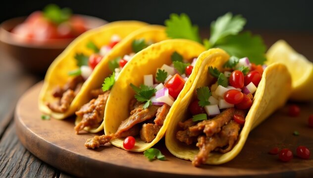 Colorful array of pork carnitas tacos with salsa and onions, delicious, cuisine