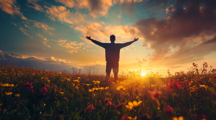 Man embracing sunset in wildflower field symbolizing freedom and new beginnings perfect for inspirational campaigns, wellness websites, and motivational posters