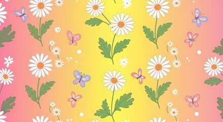 Daisies And Butterflies Pastel Springtime Floral Pattern AI Generated