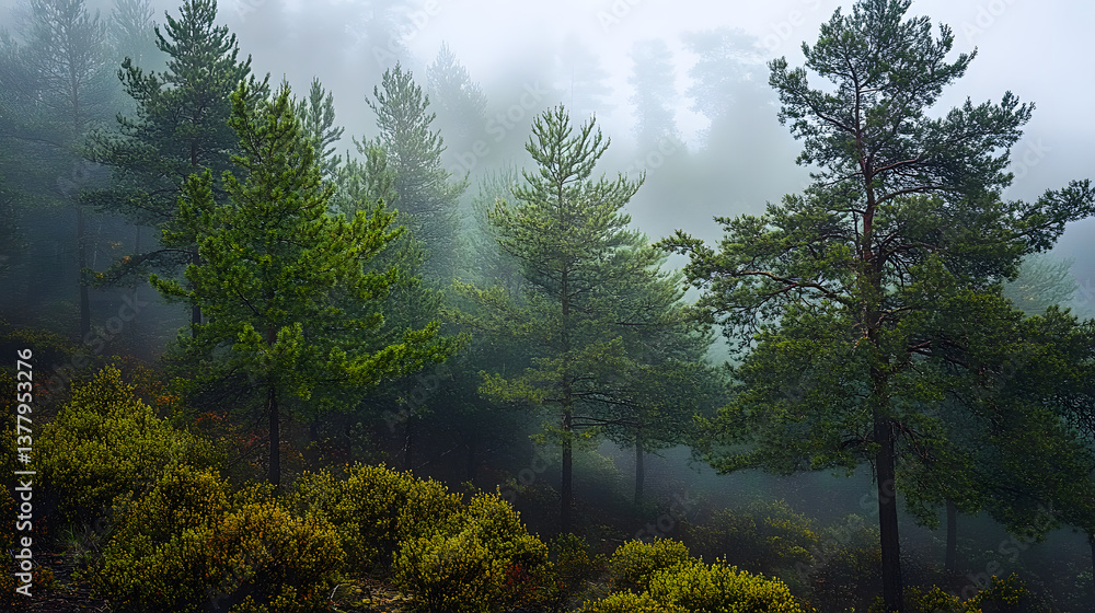 Poster a foggy pine forest with vibrant green trees fading into the mist. the thick layer of fog adds an ot
