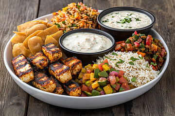 Gourmet Platter Delight: An artful arrangement of diverse, appetizing food, encompassing various textures, colors, and flavors.