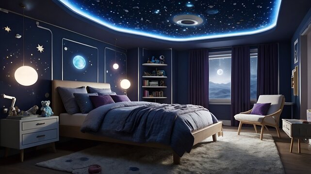 Imaginative Kids' Room Featuring Galactic Decor and Ambient Lighting