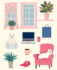 llustration of a cute sticker design in a cozy home 