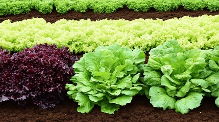 Vibrant rows of lettuce and cabbage in a garden