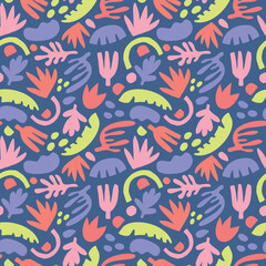 Colorful abstract pattern with tropical leaves and shapes