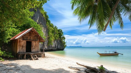 A secluded beach with a coconut shack on Koh Libong.