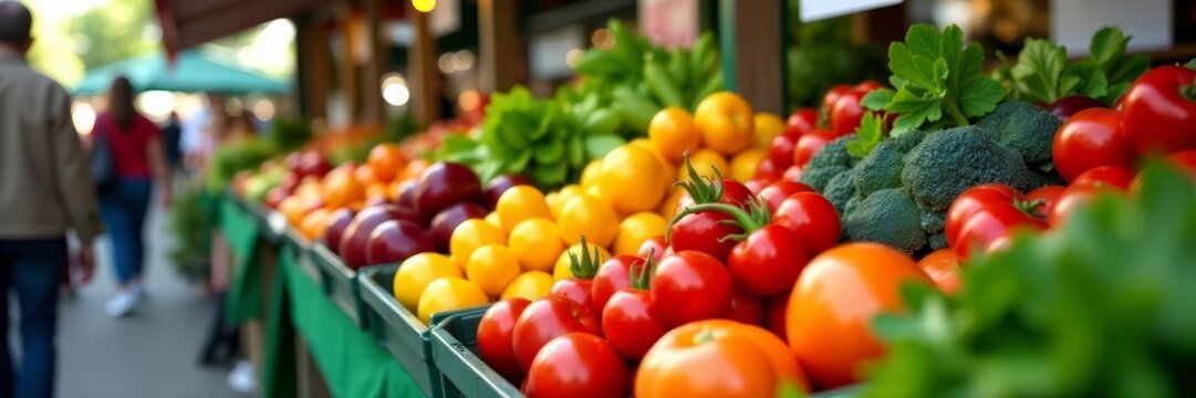Vibrant Farmers Market Produce with Chalkboard Sign for Ads