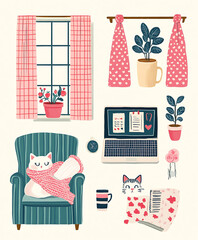 Illustration of a cute sticker design in a cozy home 