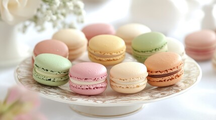 Obraz premium A selection of French macarons in pastel colors on a decorative plate.