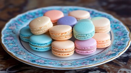 Obraz premium A selection of French macarons in pastel colors on a decorative plate.