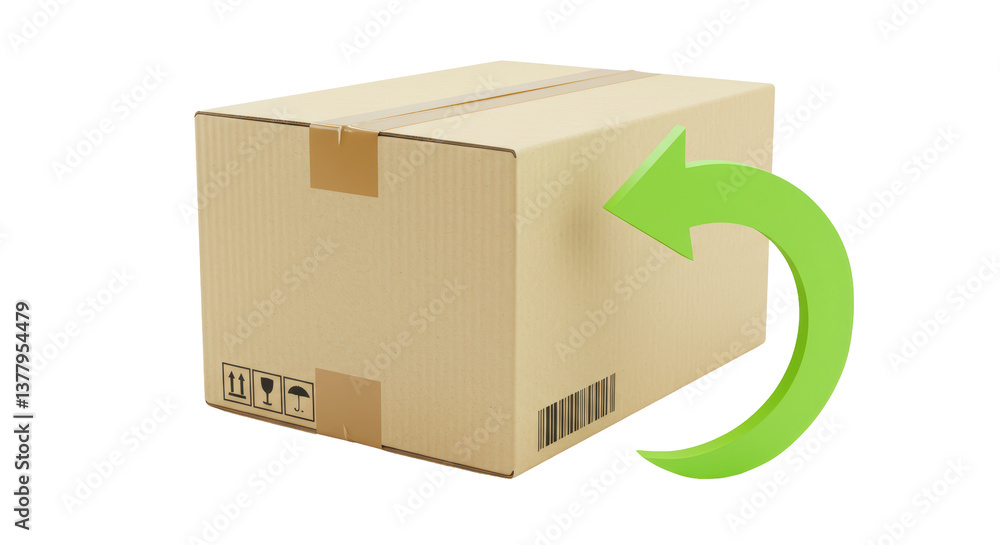 Poster isolated cardboard box with green return arrow - delivery concept