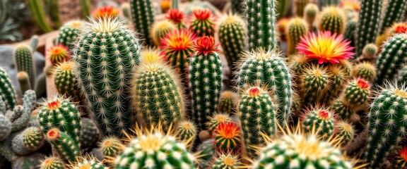 Fototapeta premium Close-up of diverse cacti in a desert setting, nature, photography