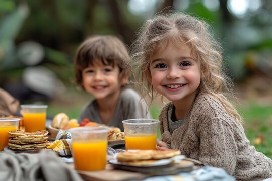 Happy children having breakfast in the yard. Picnic.