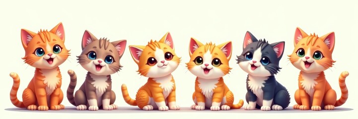 Collection of colorful cartoon kittens with different expressions and poses, fun, isolated, whimsical