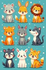 Obraz premium Collection of cute hand-drawn animals in a vector cartoon design, wildlife, drawing, sweet