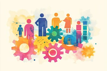 Diverse people and gears, teamwork concept