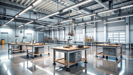 Modern Industrial Workspace Featuring High-Tech Equipment and Sleek Workbenches in a Clean, Well-Lit Facility