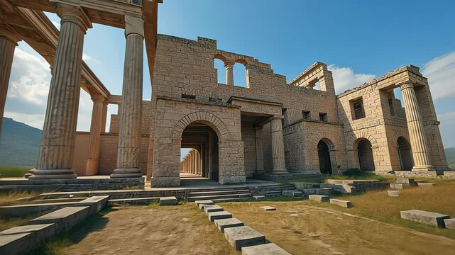 Ancient ruins of a temple against a clear blue sky  