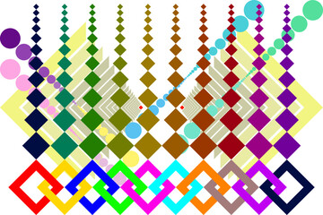 An intricate digital artwork featuring colorful rhombuses and circles arranged in an intricate pattern on a pale yellow background. The design conveys a sense of movement and connection.