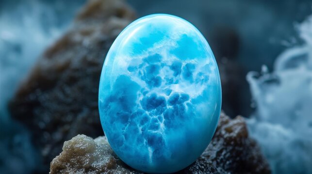 A stunning larimar gemstone in an oval cut, displaying oceanic blue shades.