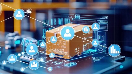 Digital Shipping: A cardboard box sits atop a digital circuit board, surrounded by interconnected icons, representing the seamless integration of technology. - Powered by Adobe