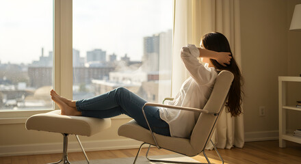 Woman Relaxing at Home With Coffee in Sunlight Enjoying City View Through a Large Window