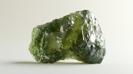 A uniquely shaped moldavite gemstone with natural rough edges, placed on a neutral background.