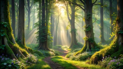 Fototapeta premium Sunbeams Illuminate a Mystical Forest Path, Where Lush Greenery and Moss-Covered Trees Embrace a Serene Atmosphere
