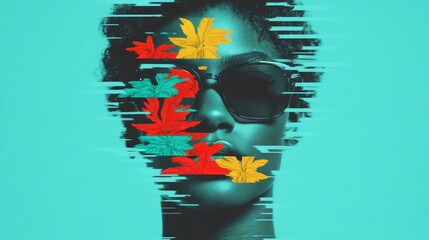 Vibrant face portrait with floral glitch effects on a teal backdrop