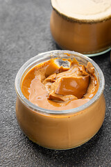 Coffee dessert mousse cream sweet dish fresh tasty gourmet food background on table rustic food top view copy space