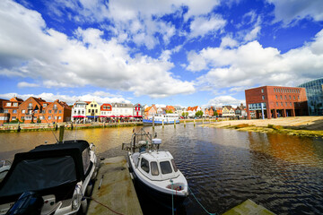 View of the Husumer Au in Husum on the North Frisian North Sea coast. The old town with historic...
