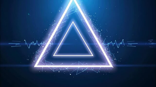 Futuristic Glowing Triangle Pulsating with Neon Light Against Deep Blue Background