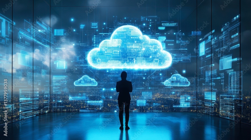Poster cloud computing and digital transformation concepts in a corporate workspace.