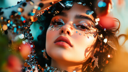 Glamorous young woman with glitter makeup and shiny sequin outfit, fashion beauty portrait with sparkling decorations.