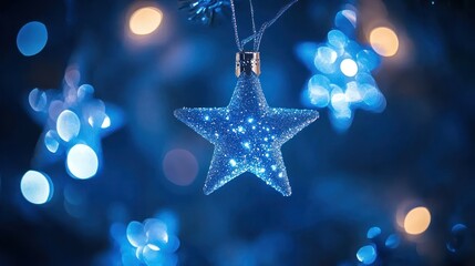 Fototapeta premium Glittering blue star ornament hanging against a bokeh background.