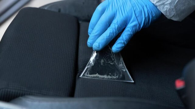 Car seat cleaning close-up: A gloved hand using a steam cleaning device on a car seat, focusing on interior detailing and hygiene
