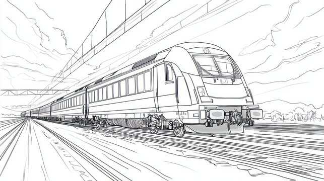 High-speed train sketch speeding on railway tracks.