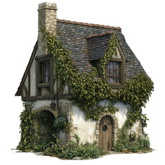 Charming medieval herbalist’s cottage with ivy-covered walls, wooden door, and lush garden details.