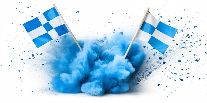 Checkered flag graphic design with an abstract background of dust and particles, a dynamic racing theme.