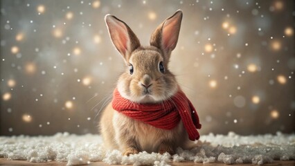 Adorable bunny wearing a cozy red scarf amidst a winter wonderland scene with falling snow and soft lighting