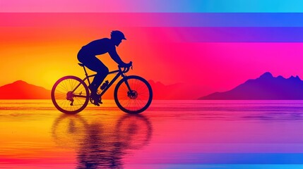 Fototapeta premium Silhouette of a cyclist riding on a road bike against a vivid sunset reflecting on water