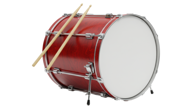 Isolated Red Bass Drum with Drumsticks