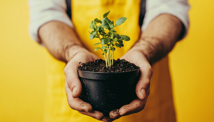 A farmer holding a black pot with young sprouts, yellow background