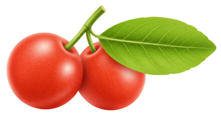 Isolated Two Red Cherries with a Leaf